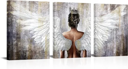 Vista 6 de OuElegent Lienzo decorativo para pared, diseño de alas de ángel doradas y negras, arte contemporáneo con corona, para sala de estar, dormitorio