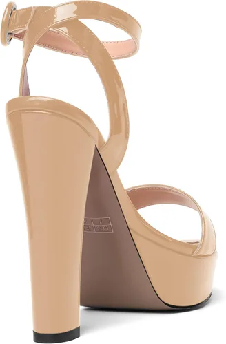 Vista 5 de SHOWFOREST Sandalias de tacón alto para mujer, con hebilla de plataforma y hebilla de charol y correa de tobillo de bloque sólido, 5 pulgadas Beige