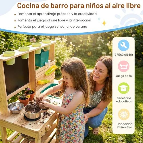 Vista 7 de Cocina de barro para niños al aire libre, juego de cocina de madera para niños pequeños con fregadero, utensilios de cocina, estufa, pizarra, grifo