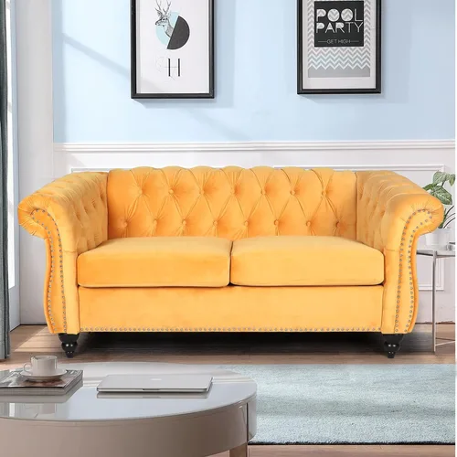 Vista 18 de LEVNARY Sillón Chesterfield de Terciopelo, Sillón Individual de Estilo Moderno de Mediados del Siglo con Respaldo de Botones y Decoración con Beige
