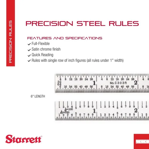Vista 2 de Starrett Regla de acero totalmente flexible con acabado cromado satinado, lectura rápida y graduación en pulgadas, graduación 3R, 6 pulgadas