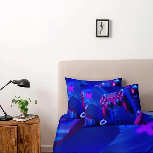 Vista 2 de Juego de funda de edredón de tamaño individual con estampado 3D de Gamepad azul para niños, fundas de edredón y fundas de almohada para dormitorio