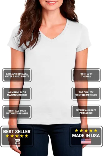 Vista 3 de Camisa personalizada con cuello en V para mujer, diseño de camiseta con texto de imagen, impresión frontal y trasera