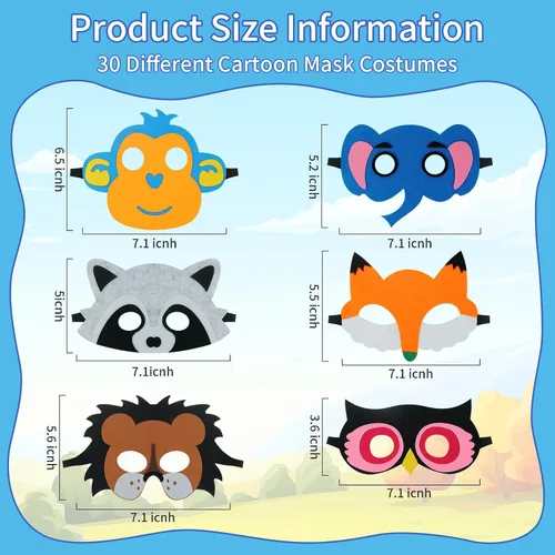Vista 2 de ShaggyDogz 30 piezas de máscaras de animales de fieltro para niños, suministros para fiestas temáticas de la jungla..