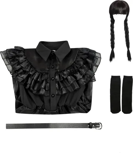 Vista 7 de Masfrida Wednesday Addams - Vestido de baile escolar para niños, falda negra, disfraz para niñas, disfraz de Rave N para Halloween, cosplay