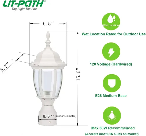 Vista 6 de LIT-PaTH Farol de poste de iluminación para exteriores, base mediana E26 máx. 60 W, carcasa de aluminio más vidrio, acabado blanco mate, paquete de 1