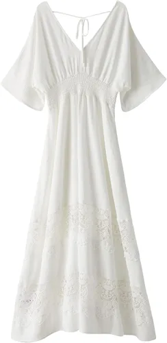 Vista 2 de Vestido largo de encaje para mujer de manga corta y cuello en V, vestido de fiesta estilo bohemio con cintura fruncida, vestido bohemio para mujer