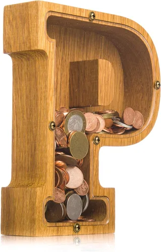 Vista 9 de Alcancía de madera personalizada con letra para niños, niñas y adultos, bancos de monedas de madera de roble duradero, 3 tamaños para elegir