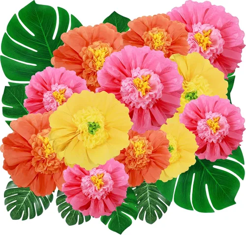 Vista 7 de Canlierr Paquete de 40 suministros de decoración de fiesta tropical, papel de seda grande, flores de hibisco, hojas de palma sintéticas, juego