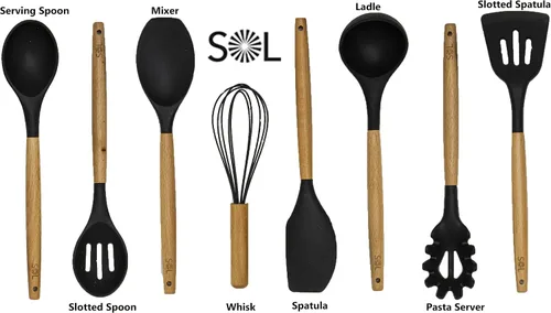 Vista 3 de SOL -Juego de cucharas de madera para cocinar utensilios de cocina de silicona con mango de madera, juego de 8 piezas - Cuchara para servir, cuchara