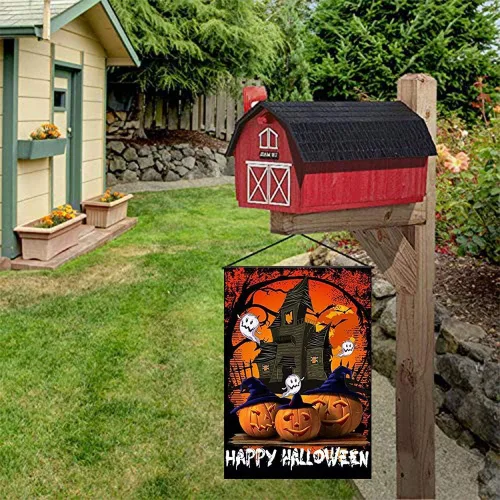 Vista 3 de Bandera de jardín de Halloween de 12.5 x 18 pulgadas, diseño de fantasmas de calabaza, bandera decorativa de doble cara para casa de campo, patio