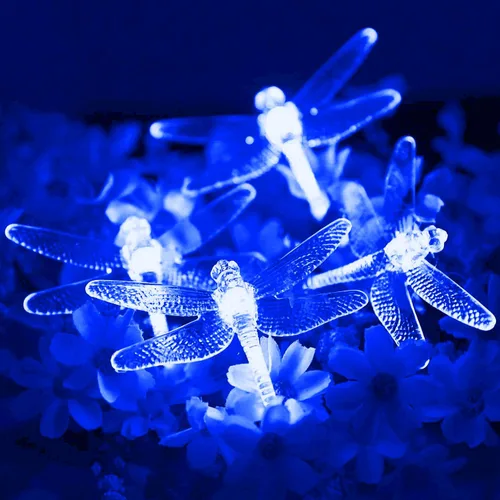 Vista 2 de GONIMY Tira de luces solares de libélula, 30 LED, 21 pies, 8 modos, impermeable, para exteriores, cristal, libélula de hada, iluminación (azul azul)