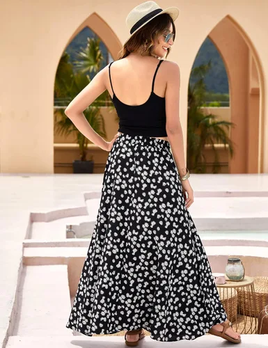 Vista 5 de Bluetime - Falda larga para mujer con estampado de leopardo, maxifalda de chifón plisada con cintura alta elástica para el verano y la playa