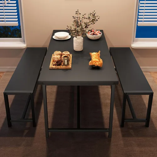 Vista 5 de Juego de mesa de comedor para 4 personas con 2 bancos, juego de mesa de cocina de 3 piezas, juego de comedor que ahorra espacio para cocina, Negro