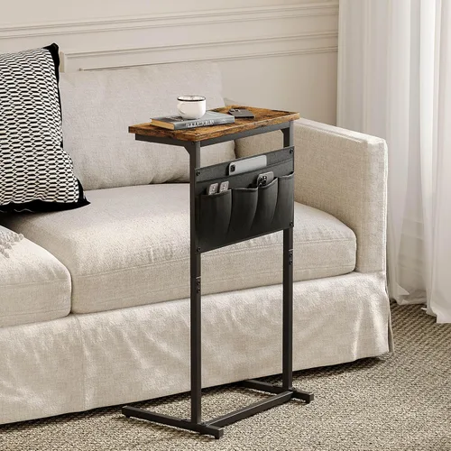 Vista 5 de Mesa auxiliar en forma de C, mesa auxiliar para sofá, bandeja de TV pequeña, mesa de sofá con bolsa de almacenamiento para espacio pequeño, sala