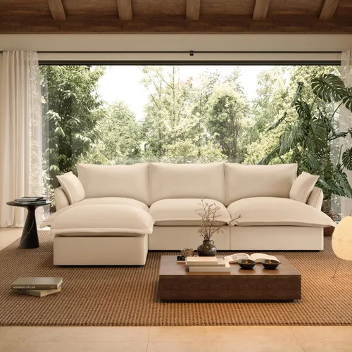 Vista 12 de Sofá modular de mezcla de lino para sala de estar, cómodo sofá modular con relleno de plumón, moderno sofá cama convertible con asiento profundo Café