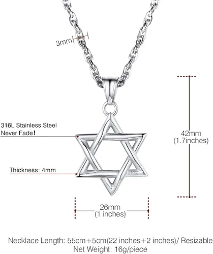 Vista 5 de U7 Star of David Necklace for Men Women GoldStainless Steel Hexagon Pendant with CrossRuby StoneClassic Jewish Isael Necklaces, Length 22" 24" 26