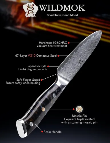 Vista 5 de WILDMOK Cuchillo de cocina de 5 pulgadas, Damasco Japón VG-10, cuchillo de cocina de acero afilado, mango ergonómico de resina de color, caja