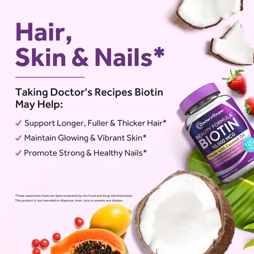 Vista 3 de Doctor's Recipes Biotina 10,000 mcg, crecimiento del cabello, piel y uñas saludables, metabolismo energético, biotina apta para vegetarianos