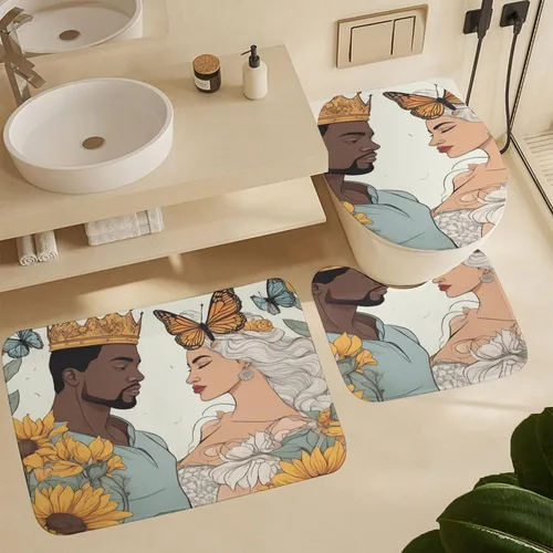 Vista 3 de 4Pcs Shower Curtain Sets Afro Black King Queen Romantic Love Butterfly Bathroom Decor Sets with Rugs Bathroom Accessories Set Bathroom Curtain