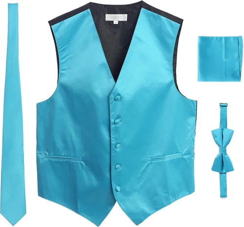 Vista 9 de Gioberti Chaleco formal de satén de 4 piezas para hombre, corbatín y pañuelo de bolsillo Negro D