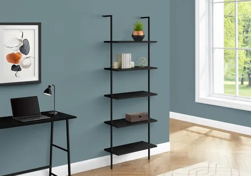 Vista 2 de Monarch Specialties I 3683 Librería, estantería, Etagere, escalera, 5 niveles, 72 pulgadas de alto, oficina, dormitorio, metal, laminado, negro