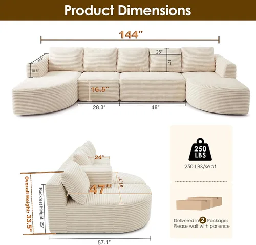 Vista 3 de Sofás seccionales Cloud de 144 pulgadas para sala de estar, moderno sofá modular en forma de U con diván, cómodo sofá sin estructura de asiento Beige