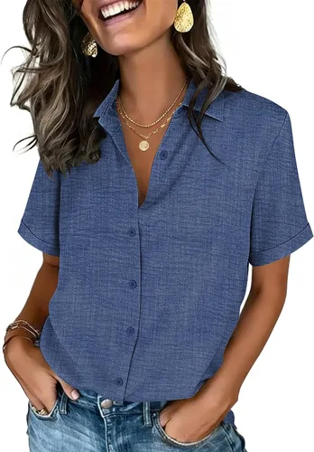 Vista 15 de Zeagoo Camisas con botones para mujer, de manga corta, cuello en V, elegantes y casuales