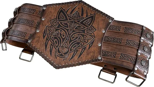 Vista 3 de HiiFeuer Viking - Armadura de cintura en relieve, cinturón ancho de piel sintética nórdica, cinturón de corsé medieval de caballero para disfraz LARP