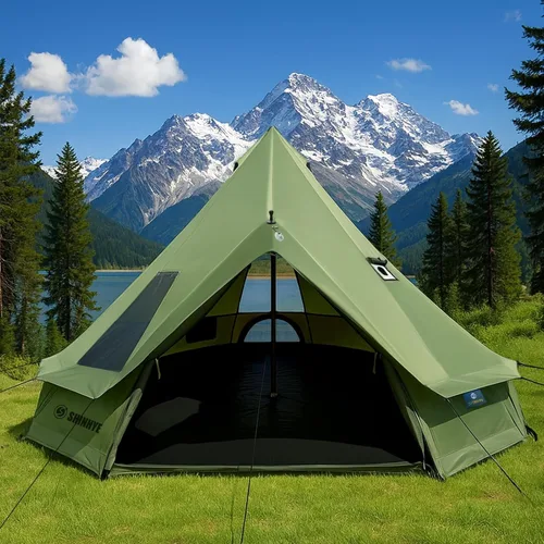 Vista 11 de Tienda de campaña Bell Yurt con gato de estufa, tienda de campaña de lujo impermeable para 4 estaciones, tela Oxford 420D, tiendas de campaña verde