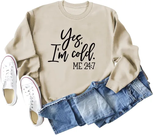 Vista 2 de Sudadera estampada con texto en inglés "I'm Yes Cold Me 247", de manga larga, cuello redondo, con letras, informal, holgada, para mujer