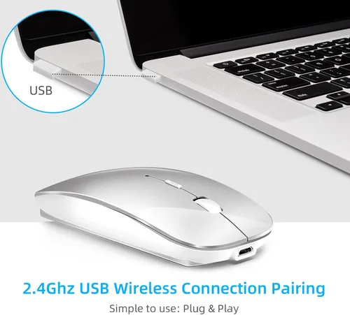 Vista 7 de Mouse inalámbrico para portátil Cpmputer, mouse Bluetooth para MacBook, color plateado Rechargeale Dual Mode (USB 2.4Ghz + Bluetooth 5.2) Ratones