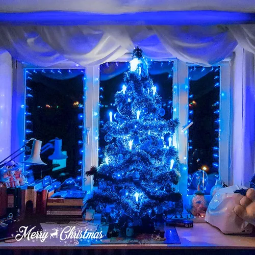 Vista 6 de JMEXSUSS 150 luces LED azules de Navidad para interiores y exteriores, luces de cadena conectables de 59 pies con enchufe, 8 modos de luces de hadas