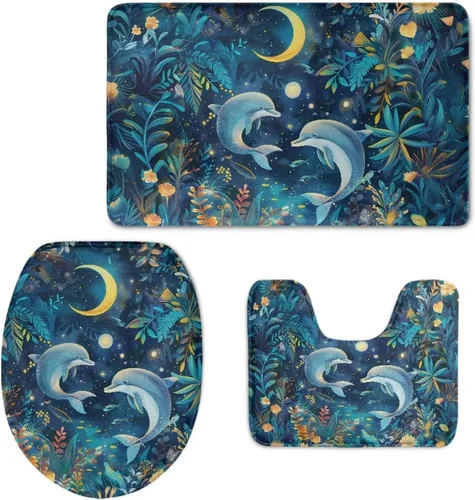 Vista 9 de Axolotl - Juego de 3 alfombras de baño antideslizantes y lavables para tapa de inodoro y tapete de contorno con respaldo de PVC, juego de tapetes