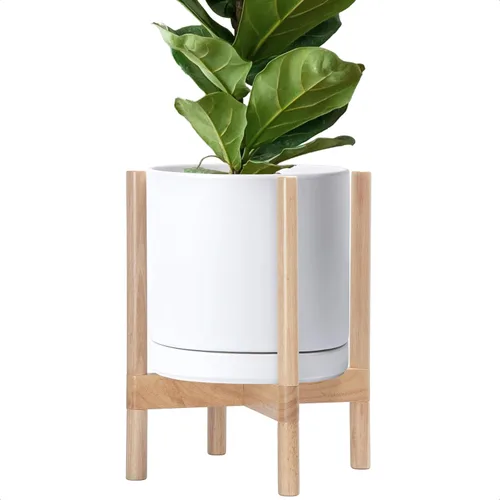 Vista 14 de D'vine Dev Maceta de cerámica con soporte de ébano – Maceta redonda moderna de 8 pulgadas con soporte para maceta de madera, color negro, 55-B-M-2