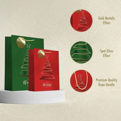 Vista 3 de easykart labels 12 bolsas de regalo de Navidad, rojo y verde metálico y acabado de textura con árbol de Navidad dorado y brillante, varios tamaños