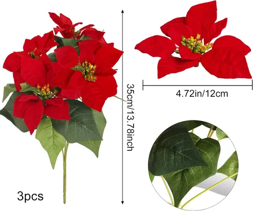 Vista 4 de 3 paquetes de flores de Pascua artificiales de 14 pulgadas Poinsetia roja