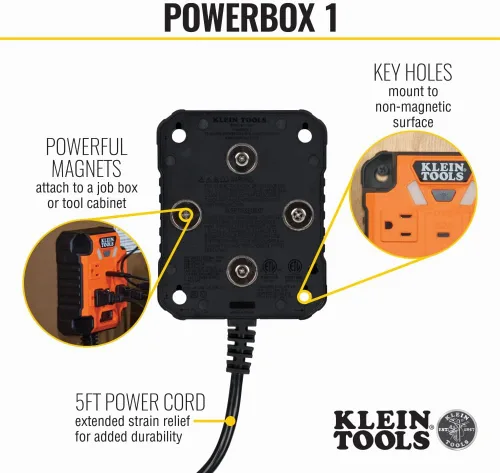 Vista 7 de Klein Tools Paquete de mini ventilador USB recargable con batería con tira de alimentación magnética, protector de sobretensiones, luz LED, puertos