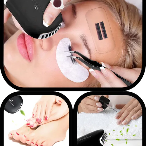 Vista 8 de Kit de extensión de pestañas profesional con cabeza de maniquí, párpados extraíbles, ventilador de pestañas USB, pestañas postizas individuales Negro