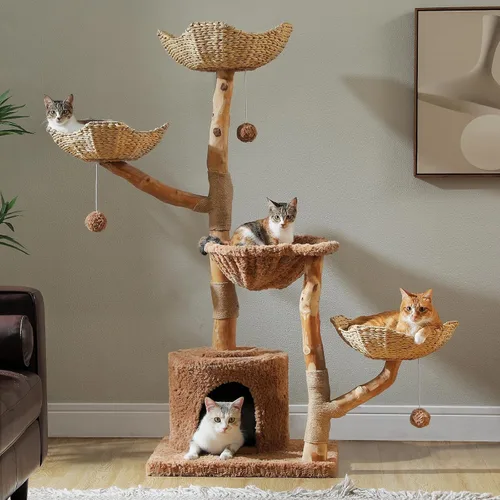 Vista 10 de PAWZ Road Árbol moderno para gatos con poste rascador de madera maciza natural, torre para gatos de 40 pulgadas con cesta de mimbre grande, hamaca