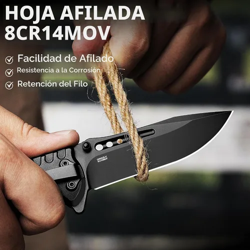 Vista 3 de NedFoss GRIZZLY Cuchillo de bolsillo, hoja de acero 8Cr14Mov de 3.5", cuchillo táctico 3 en 1 con rompecristales, cortador de cinturón, mango