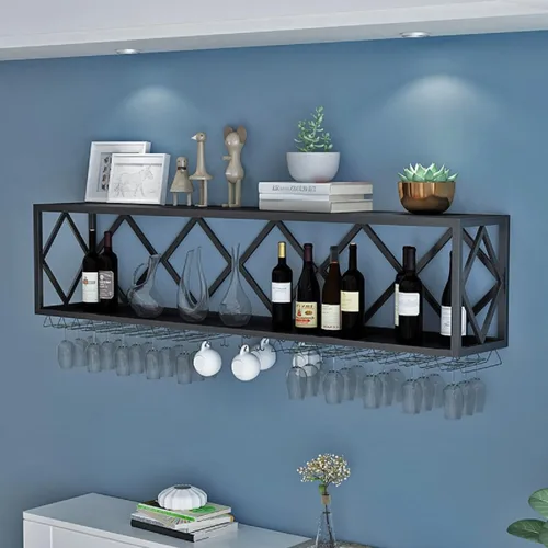 Vista 2 de Gdrasuya10 Estante de vino grande montado en la pared, estantes de vino negro, estante de copa de hierro, licor de vino, soporte para exhibición