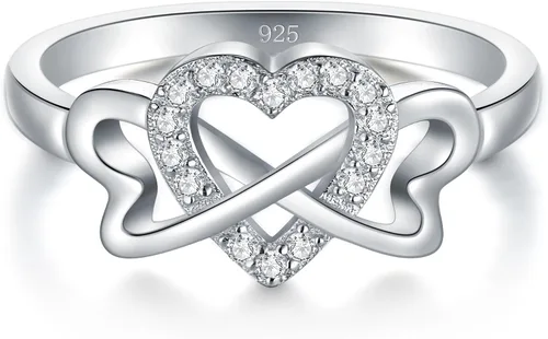 Vista 2 de Anillo BoRuo de plata de ley 925, circonita cúbica de alto pulido, infinito y corazón, resistente al desgaste, ajuste cómodo