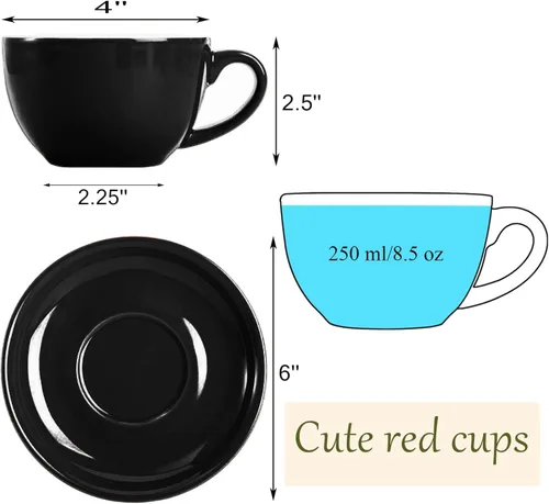 Vista 2 de Yesland Paquete de 2 tazas y platillo de café de cerámica de 8.5 onzas, tazas de capuchino negro brillante para cafetería y barista, perfectas