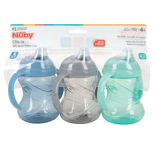 Vista 6 de Nuby Taza de agarre N' Sip de 3 piezas sin derrames con boquilla flexible suave, 2 asas con función Clik It Lock, neutro, 10 onzas