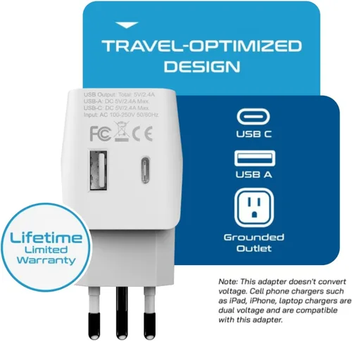 Vista 6 de Adaptador de viaje Ceptics, de EE. UU. a Japón, Filipinas, con doble USB, tipo A, ultra compacto Tipo L - Italia