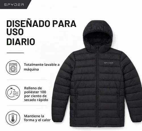 Vista 6 de Spyder Chaqueta acolchada plegable para hombre con capucha, chaquetas de invierno ligeras para hombre Negro