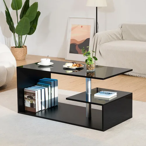 Vista 3 de HOMMPA Mesas de centro LED para sala de estar, moderna mesa de centro negra con forma de S de 3 niveles, estante de almacenamiento abierto, mesa