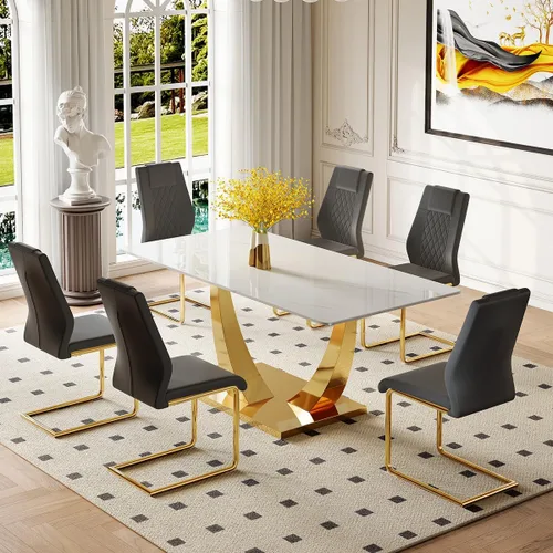 Vista 34 de Juego de mesa de comedor para 4, mesa de comedor de mármol sintético de 63 pulgadas con patas y base de acero inoxidable, sillas acolchadas