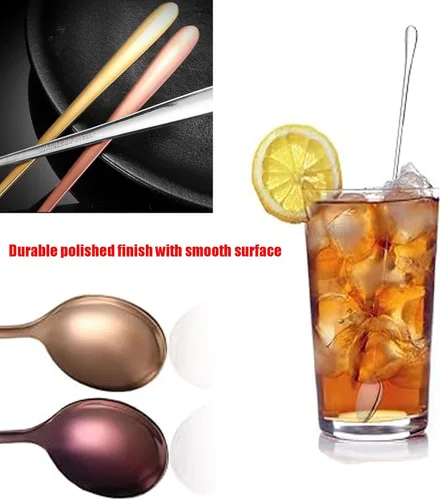 Vista 4 de 4 cucharas de mango largo, cucharas de acero inoxidable de grado alimenticio, cuchara de café para té helado, cucharas doradas, cucharas de mezcla